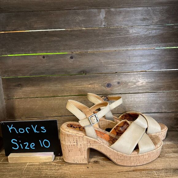New Womens Kork-Ease Korks Calda Cream Faux Leather Platform Heeled Sandals 10 M - Picture 1 of 6